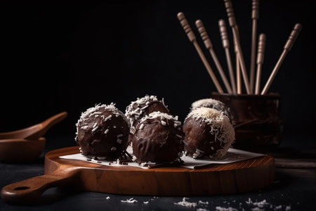 a wooden plate topped with chocolate covered donuts next to a bowl of sprinkles and a wooden spoon on a black background. . generative aiの素材