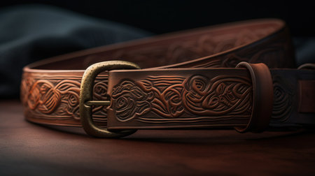 Leather belt with a metal buckle on a dark background close upの素材