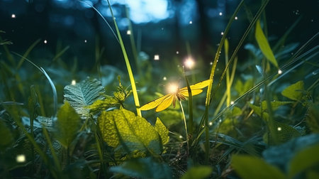 Beautiful dragonfly on a green grass in the forest at nightの素材