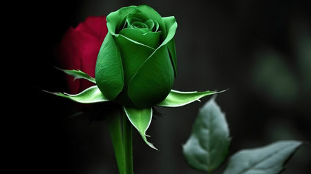 a single red rose with green leaves on a black background. . generative aiの素材