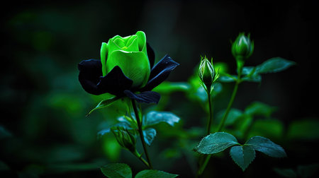 Beautiful dark green rose flower in the garden on a dark backgroundの素材