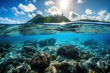 Underwater view of tropical coral reef with fishes and blue sky.の素材
