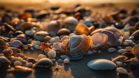 Seashells on the beach at sunset. Shallow depth of fieldの素材