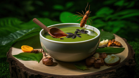 Matcha green tea in a bowl with wooden spoon and ingredients on green backgroundの素材