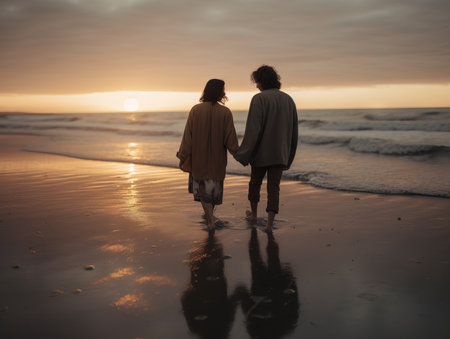 Couple walking on the beach at sunset. Man and woman holding hands and looking at the sea.の素材