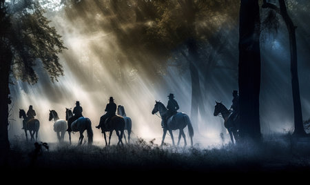 Silhouette of a group of people riding horses in the forestの素材