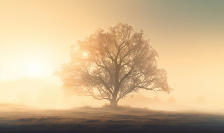 Foggy morning in the meadow with a lonely tree.の素材
