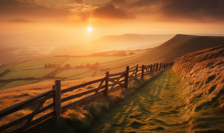 Sunrise over the rolling countryside in the Peak District National Park, Englandの素材