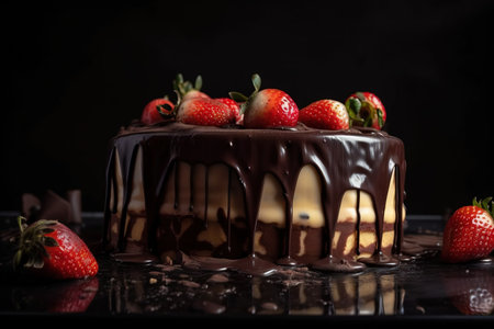 Chocolate cake with strawberries on a black background. Toned.の素材