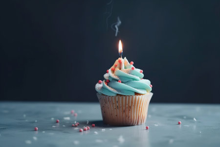 Birthday cupcake with burning candle on grey table, closeupの素材