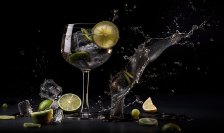 Cocktail with lime and ice splashes on a black backgroundの素材