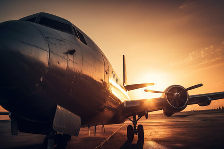 Airplane in the airport at sunset. Travel and vacation concept.の素材