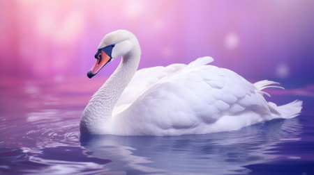 Beautiful white swan floating on the water with colorful bokeh backgroundの素材