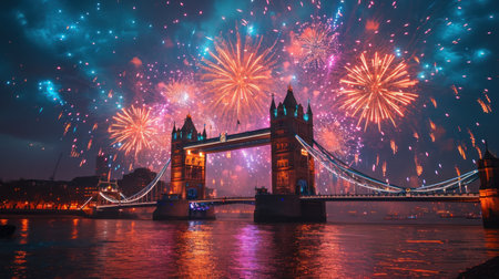 Tower Bridge and fireworks at night, London, England, UKの素材