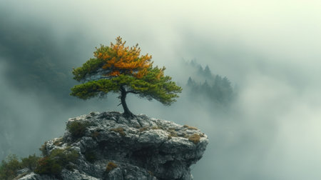 Lonely pine tree on a rock in the foggy mountainsの素材