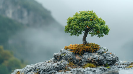 Bonsai tree on a rock in a misty day.の素材