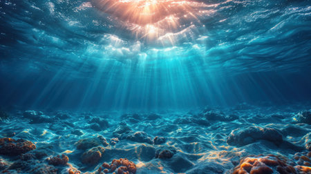 Underwater view of coral reef with sunbeams and lens flareの素材
