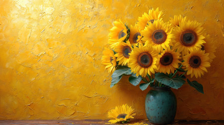 Still life with sunflowers in vase on yellow wall backgroundの素材
