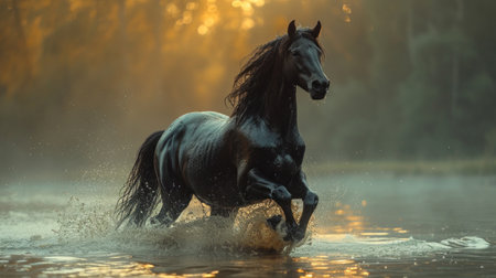 Black stallion galloping in water in foggy autumn morning.の素材