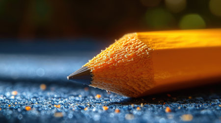 Close up of yellow pencil on blue background with shallow depth of fieldの素材
