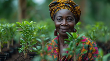 Portrait of smiling african woman with coffee seedlings in the gardenの素材