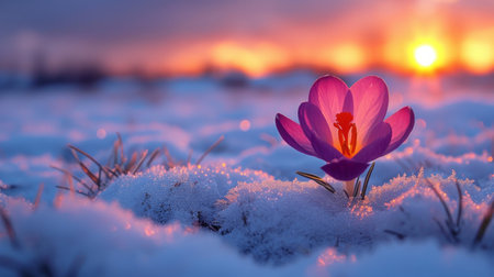 Beautiful crocus flower in the snow at sunset. First spring flowers.の素材