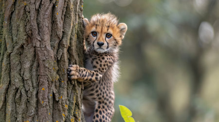 a cheetah cub climbing up the side of a tree to get a hug on it's head. .の素材