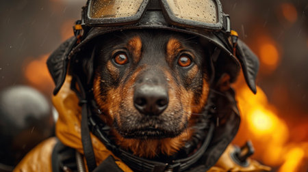 a close up of a dog wearing a fireman's helmet and goggles with flames in the background. .の素材