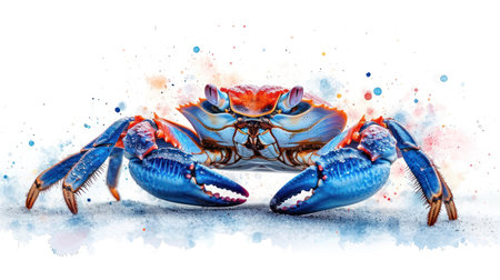 Blue crab with watercolor splashes on white background. Watercolor illustration.の素材