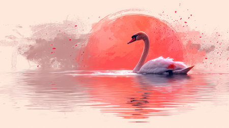 Beautiful swan swimming in the lake at sunset, digital paintingの素材