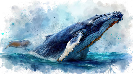 Humpback Whale in the ocean, digital watercolor painting.の素材