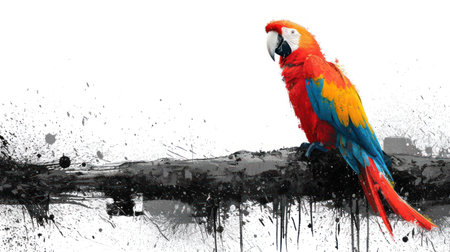 a colorful parrot sitting on top of a tree branch in front of a white and black background with splashes of paint. .の素材
