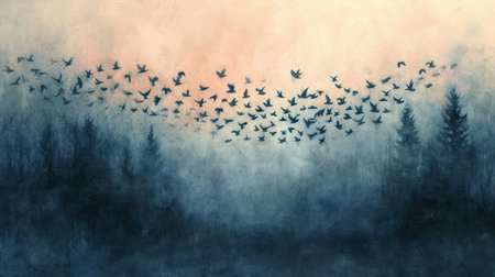a painting of a flock of birds flying in the sky over a foggy forest with trees in the foreground. .の素材