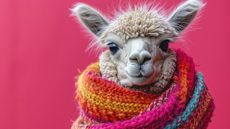Cute alpaca wearing a scarf on a pink background.の素材