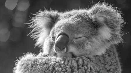 Koala sleeping on a branch of a tree. Black and white.の素材
