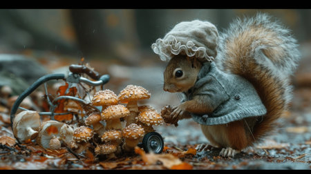 Squirrel in the autumn forest with mushrooms and a toy bicycle.の素材