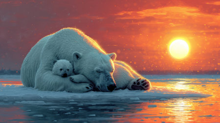Polar bear mother with cub on the ice at sunset. 3d illustrationの素材