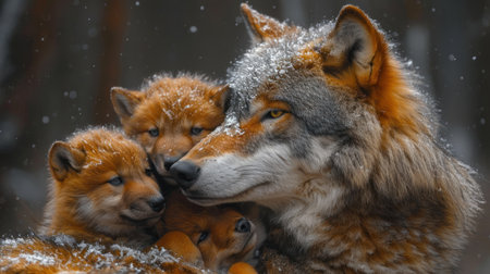 Family of red foxes in the winter forest. Animals in the snow.の素材