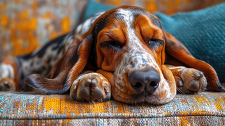 Portrait of a dog breed Basset Hound lying on a sofaの素材