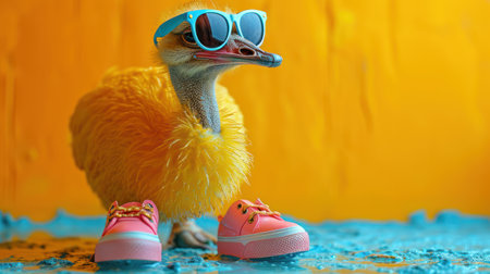 Cute baby ostrich in sunglasses and sneakers on an orange backgroundの素材