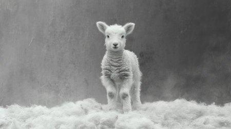 Cute lamb standing in the snow on a gray background. Selective focus.の素材
