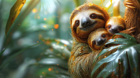 Cute sloth baby with mother on the tree in the jungleの素材