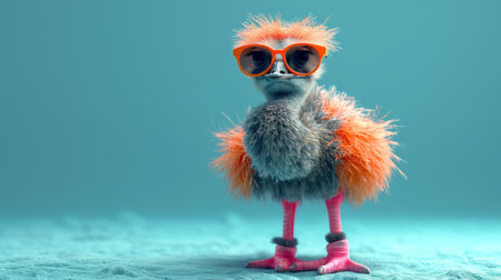 Cute little chick with orange sunglasses on turquoise background.の素材