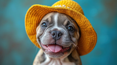 a close up of a dog wearing a yellow hat with its tongue hanging out and a blue wall in the background. .の素材