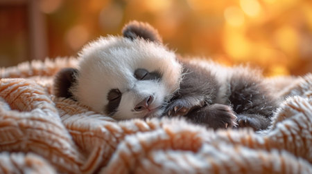 Cute panda baby sleeping on the bed in the morning.の素材