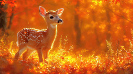 a painting of a deer standing in a field of grass and trees with orange and yellow leaves in the background. .の素材