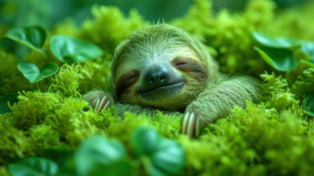 a close up of a baby sloth laying on top of a lush green leaf covered ground with its eyes closed. .の素材