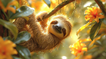a sloth hanging from a tree branch in a tree with yellow flowers in the foreground and a yellow flower in the background. .の素材