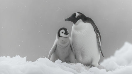 Gentoo penguin (Pygoscelis papua) with baby on snow.の素材