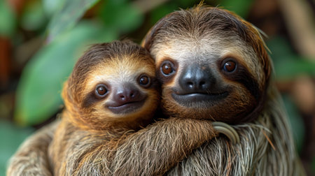 Two cute sloths in the rainforest, close-up.の素材